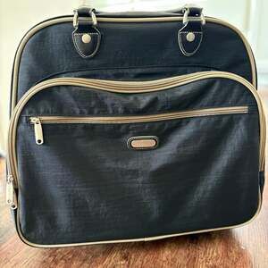 Baggallini Rolling Two-Wheeled Underseat Tote Travel Bag, Black with Tan Trim